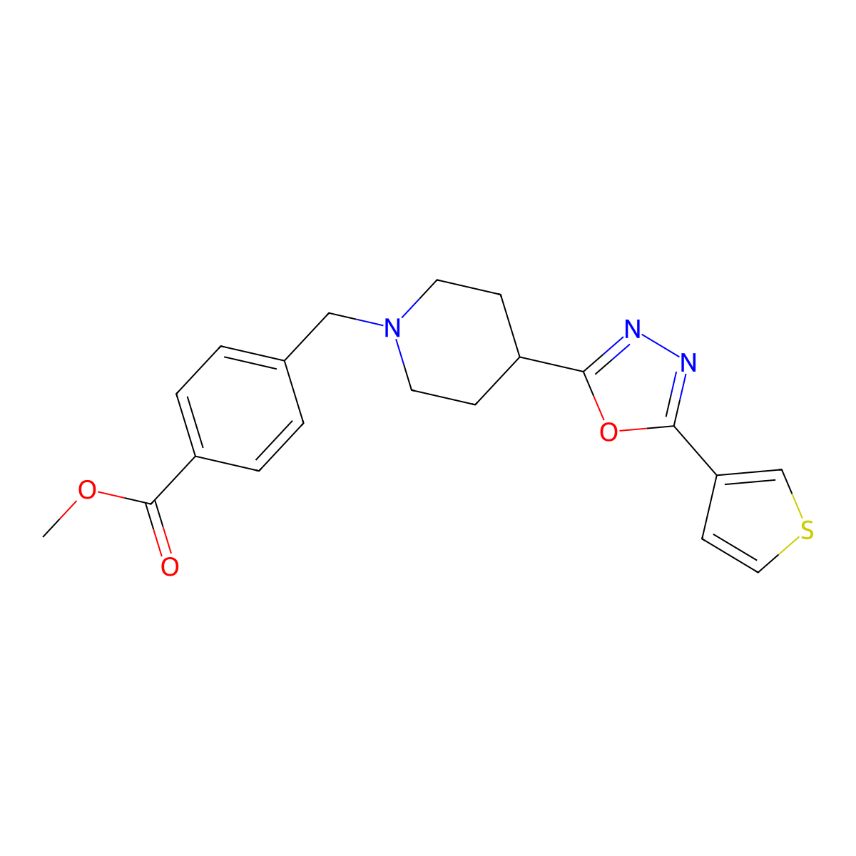 Methyl 4-({4-[5-(thiophen-3-YL)-1,3,4-oxadiazol-2-YL]piperidin-1-YL}methyl)benzoate molecular structure, CAS 1448043-38-6