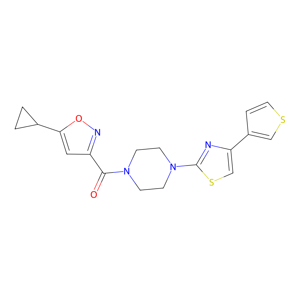 (5-Cyclopropylisoxazol-3-yl)(4-(4-(thiophen-3-yl)thiazol-2-yl)piperazin-1-yl)methanone molecular structure, CAS 1448043-48-8