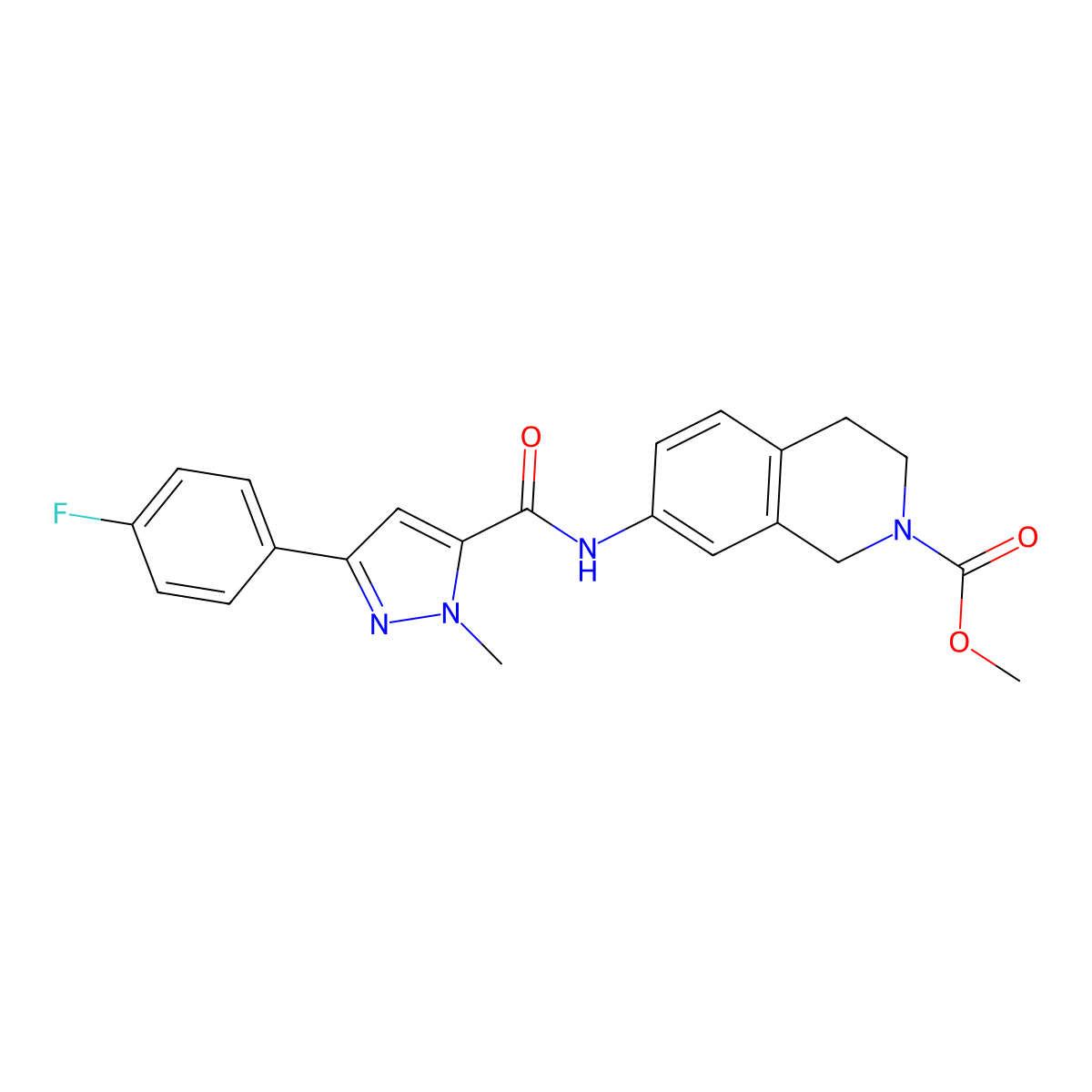 methyl 7-(3-(4-fluorophenyl)-1-methyl-1H-pyrazole-5-carboxamido)-3,4-dihydroisoquinoline-2(1H)-carboxylate molecular structure, CAS 1448043-50-2