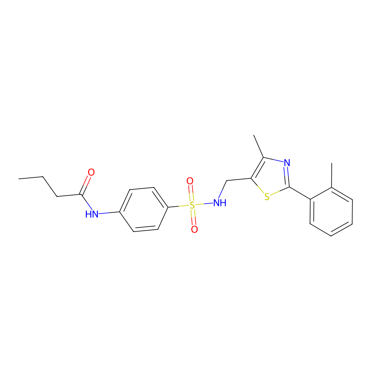 N-(4-(N-((4-methyl-2-(o-tolyl)thiazol-5-yl)methyl)sulfamoyl)phenyl)butyramide molecular structure, CAS 1448043-58-0