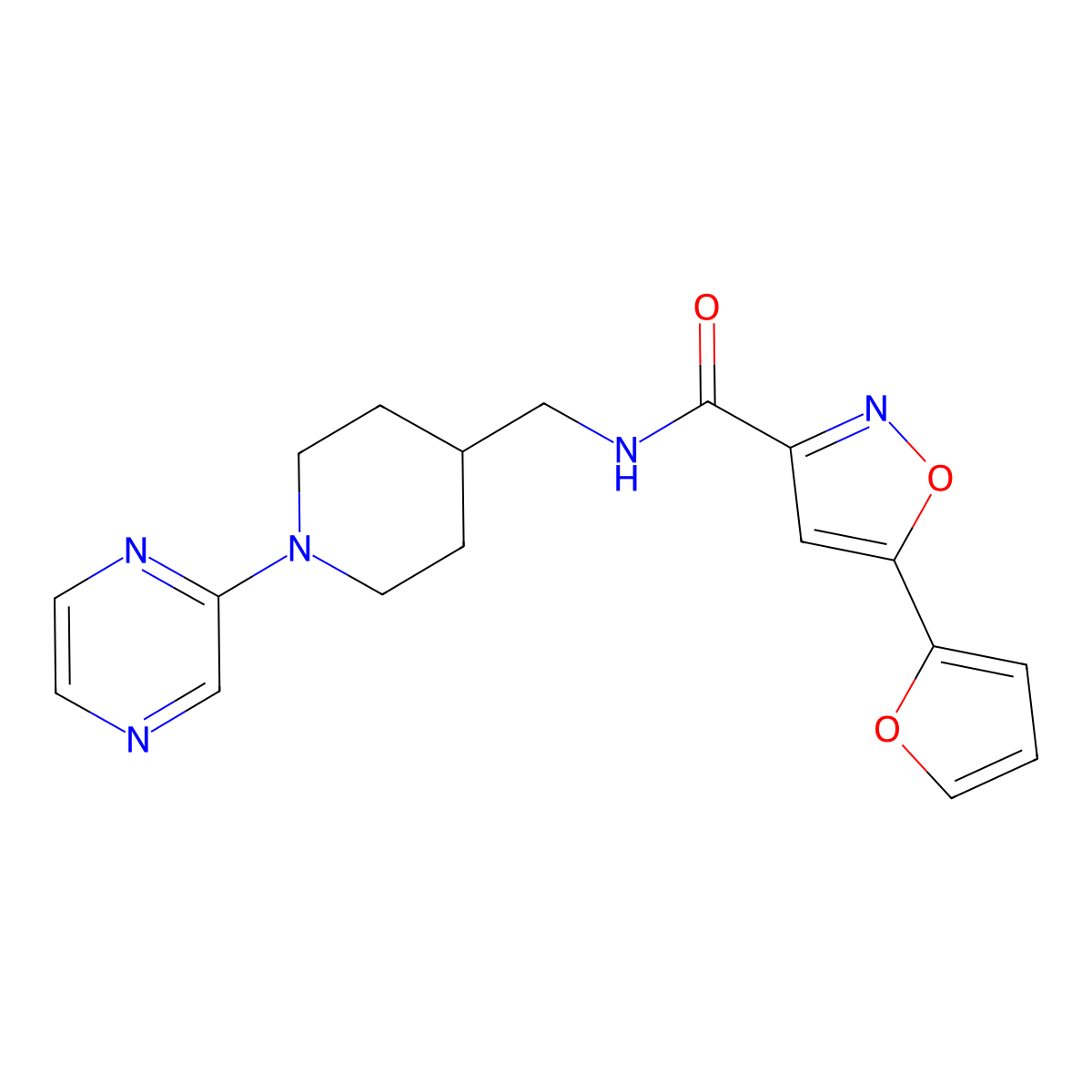 5-(furan-2-yl)-N-((1-(pyrazin-2-yl)piperidin-4-yl)methyl)isoxazole-3-carboxamide molecular structure, CAS 1448043-64-8