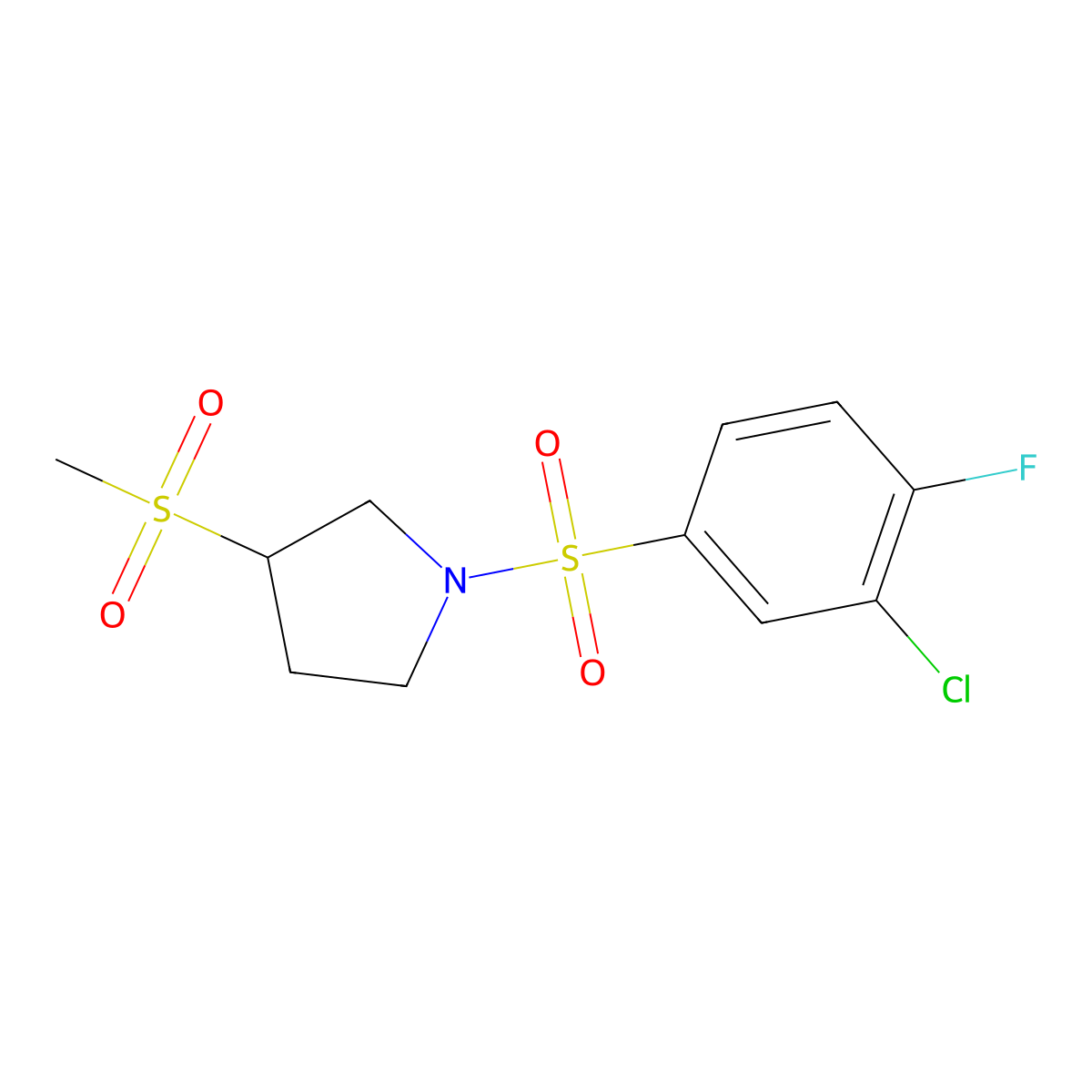 1-((3-Chloro-4-fluorophenyl)sulfonyl)-3-(methylsulfonyl)pyrrolidine molecular structure, CAS 1448043-76-2