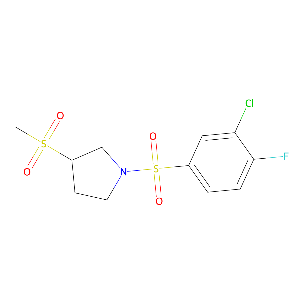 1-((3-Chloro-4-fluorophenyl)sulfonyl)-3-(methylsulfonyl)pyrrolidine molecular structure, CAS 1448043-76-2