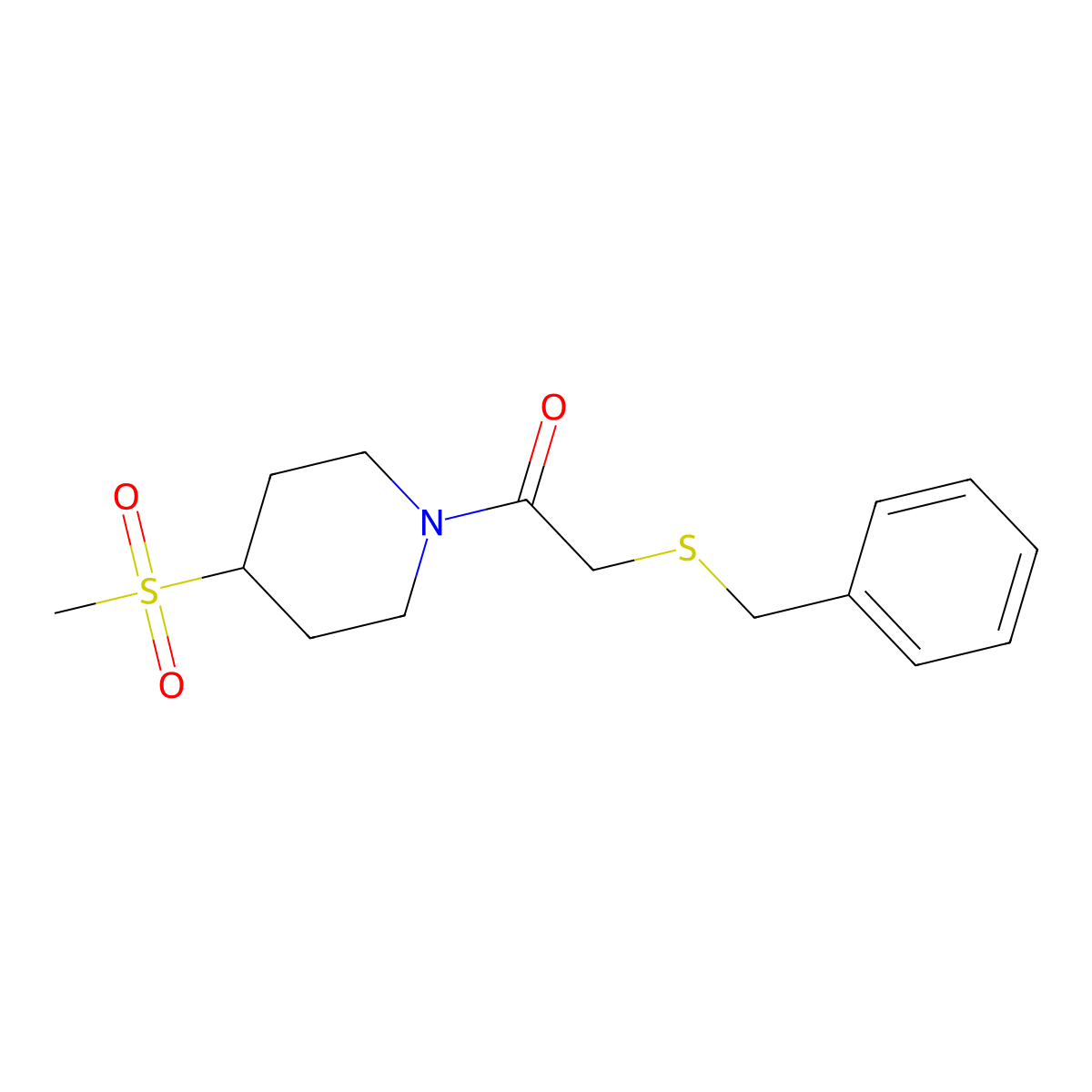 2-(Benzylthio)-1-(4-(methylsulfonyl)piperidin-1-yl)ethanone molecular structure, CAS 1448043-81-9