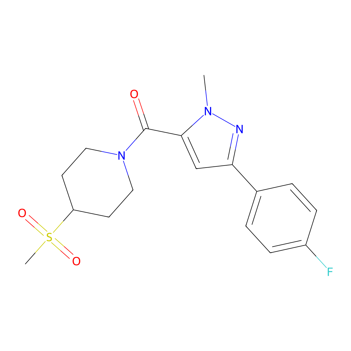 (3-(4-fluorophenyl)-1-methyl-1H-pyrazol-5-yl)(4-(methylsulfonyl)piperidin-1-yl)methanone molecular structure, CAS 1448043-83-1