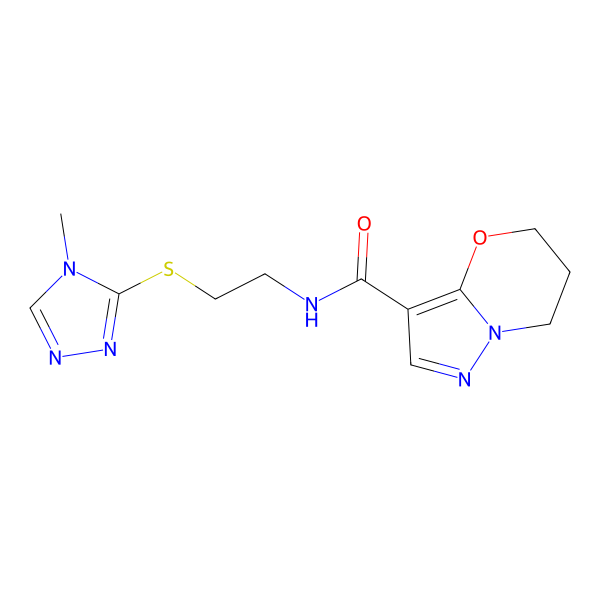N-(2-((4-methyl-4H-1,2,4-triazol-3-yl)thio)ethyl)-6,7-dihydro-5H-pyrazolo[5,1-b][1,3]oxazine-3-carboxamide molecular structure, CAS 1448043-87-5