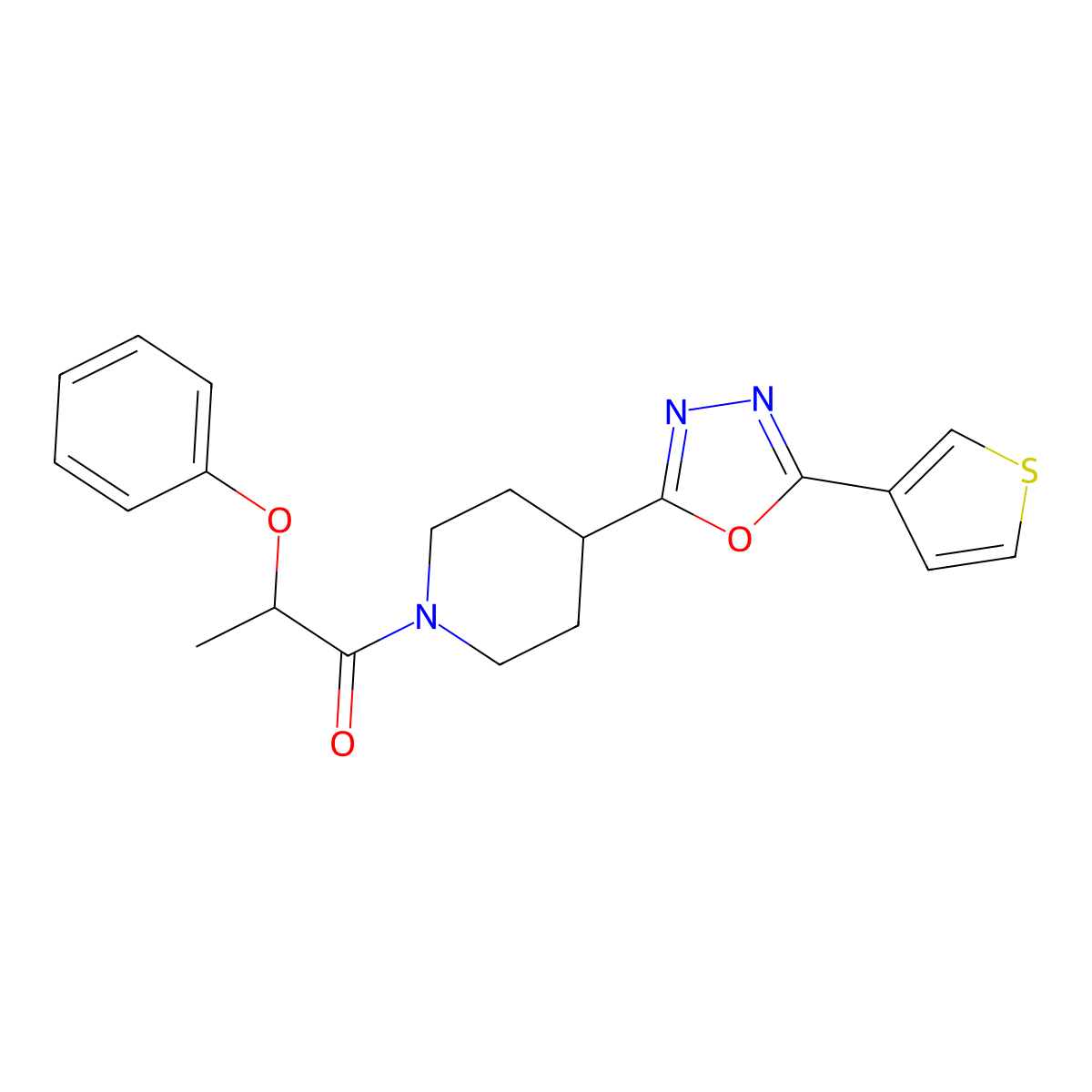 2-Phenoxy-1-(4-(5-(thiophen-3-yl)-1,3,4-oxadiazol-2-yl)piperidin-1-yl)propan-1-one molecular structure, CAS 1448043-89-7