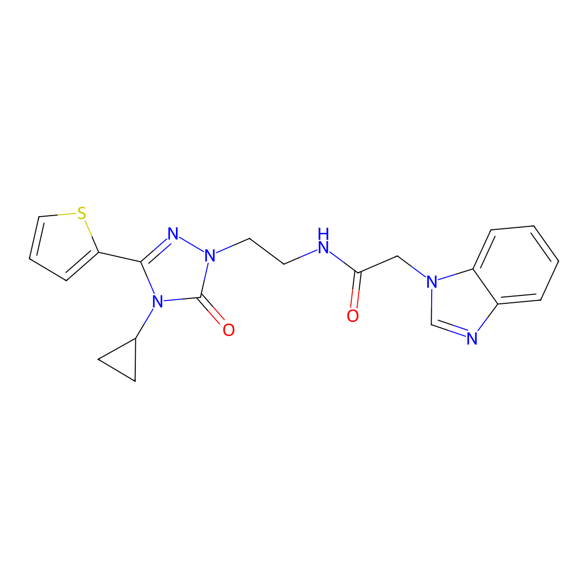 2-(1H-benzo[d]imidazol-1-yl)-N-(2-(4-cyclopropyl-5-oxo-3-(thiophen-2-yl)-4,5-dihydro-1H-1,2,4-triazol-1-yl)ethyl)acetamide molecular structure, CAS 1448043-91-1