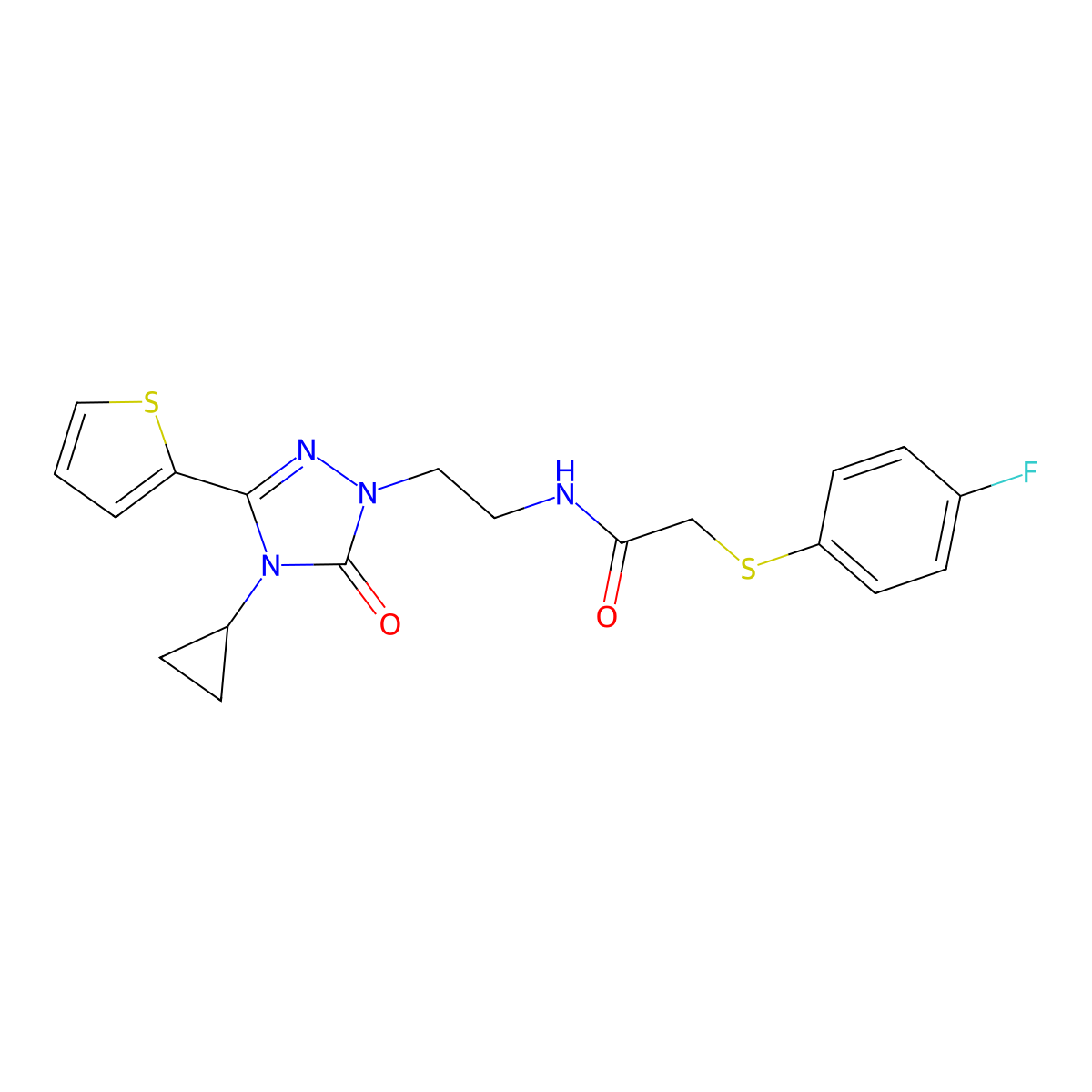 N-(2-(4-cyclopropyl-5-oxo-3-(thiophen-2-yl)-4,5-dihydro-1H-1,2,4-triazol-1-yl)ethyl)-2-((4-fluorophenyl)thio)acetamide molecular structure, CAS 1448043-94-4