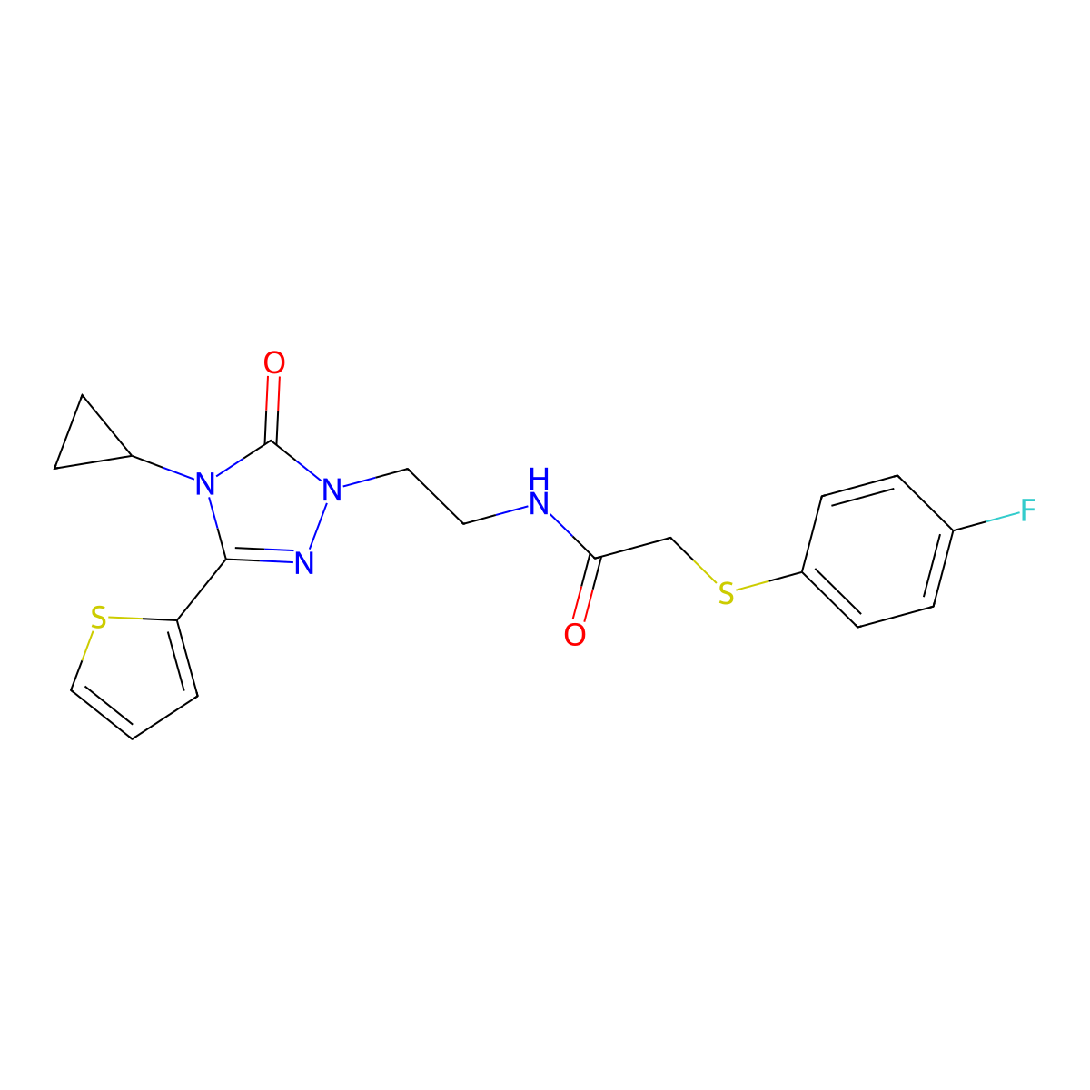 N-(2-(4-cyclopropyl-5-oxo-3-(thiophen-2-yl)-4,5-dihydro-1H-1,2,4-triazol-1-yl)ethyl)-2-((4-fluorophenyl)thio)acetamide molecular structure, CAS 1448043-94-4