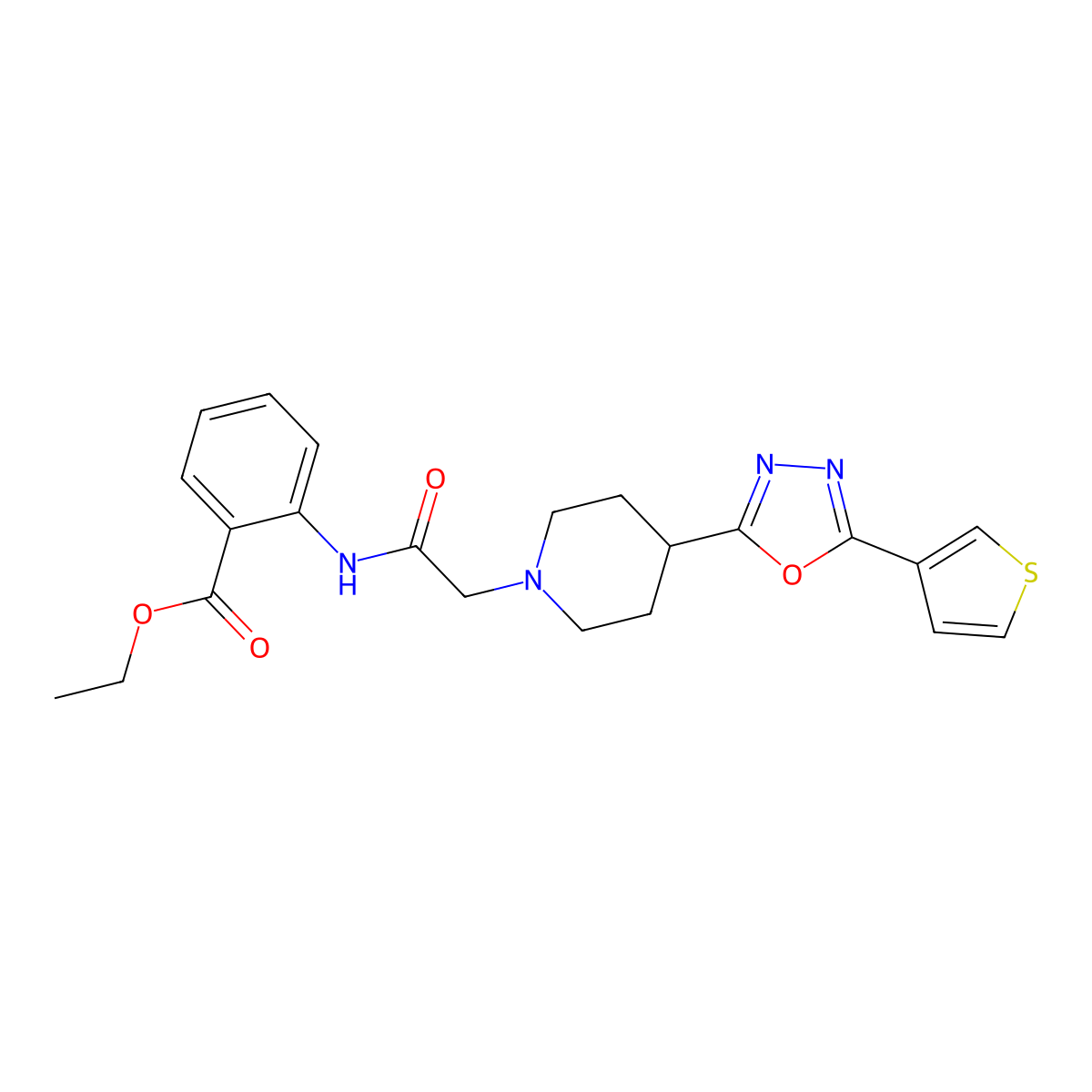 Ethyl 2-(2-(4-(5-(thiophen-3-yl)-1,3,4-oxadiazol-2-yl)piperidin-1-yl)acetamido)benzoate molecular structure, CAS 1448043-95-5