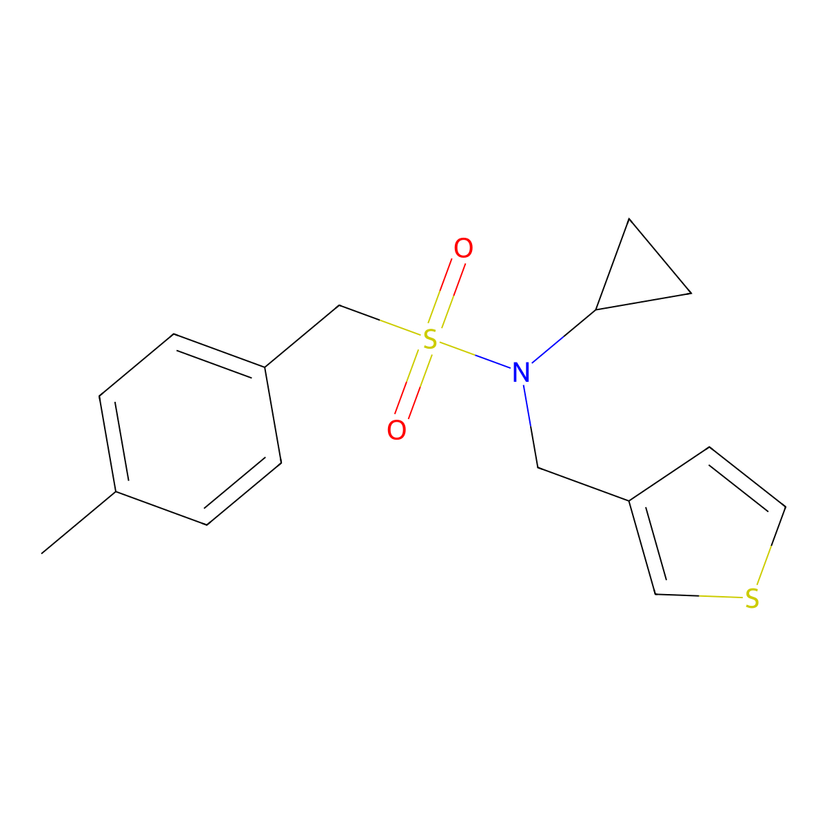 N-cyclopropyl-N-(thiophen-3-ylmethyl)-1-(p-tolyl)methanesulfonamide molecular structure, CAS 1448044-00-5