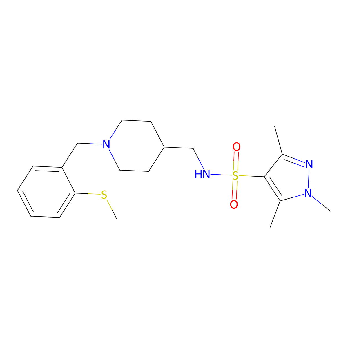 1,3,5-trimethyl-N-((1-(2-(methylthio)benzyl)piperidin-4-yl)methyl)-1H-pyrazole-4-sulfonamide molecular structure, CAS 1448044-02-7