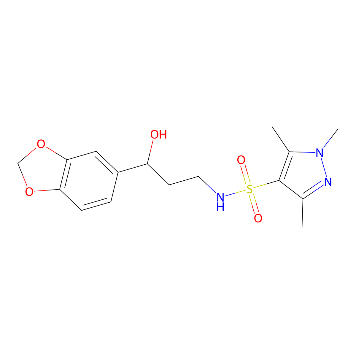 N-(3-(benzo[d][1,3]dioxol-5-yl)-3-hydroxypropyl)-1,3,5-trimethyl-1H-pyrazole-4-sulfonamide molecular structure, CAS 1448044-08-3