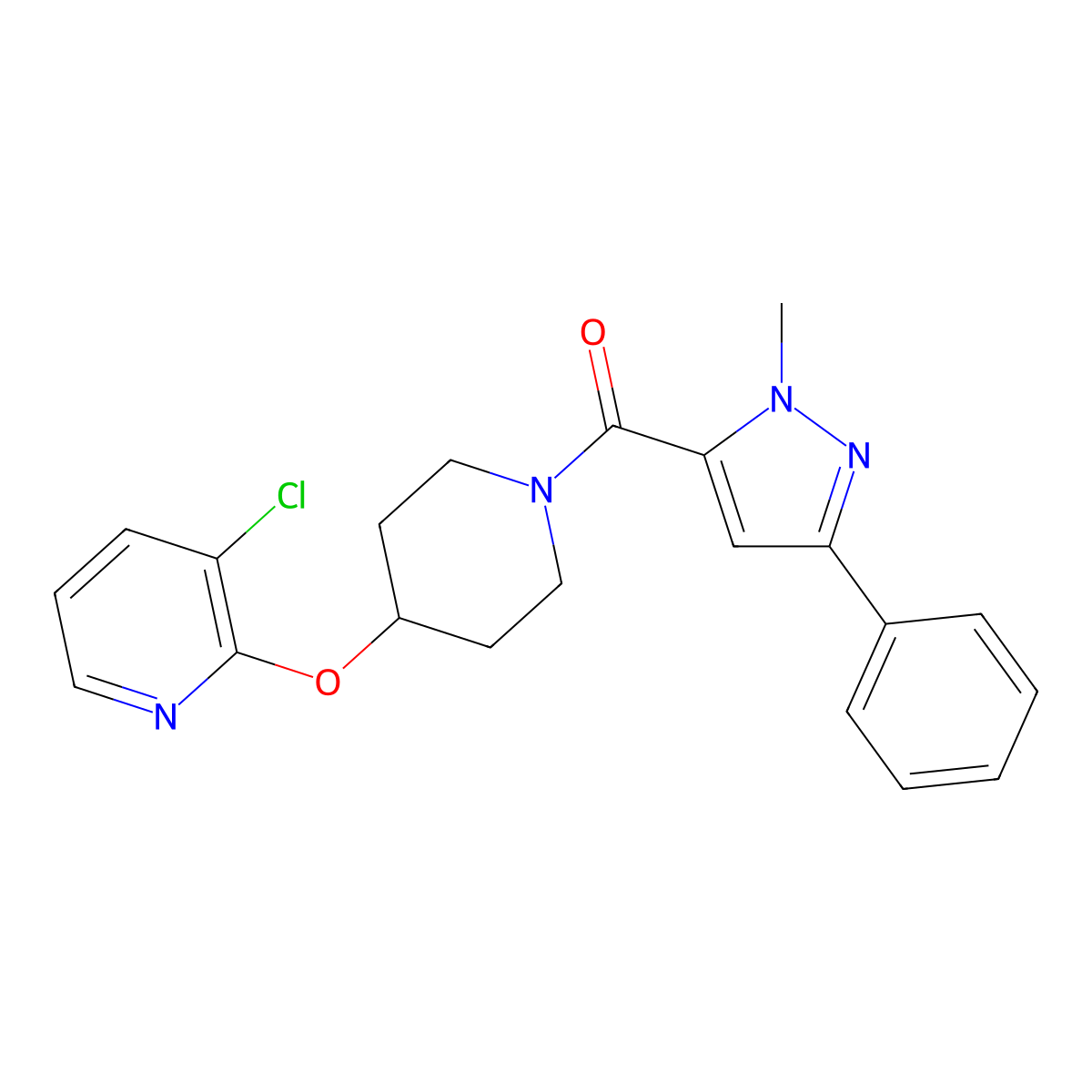 (4-((3-chloropyridin-2-yl)oxy)piperidin-1-yl)(1-methyl-3-phenyl-1H-pyrazol-5-yl)methanone molecular structure, CAS 1448044-17-4