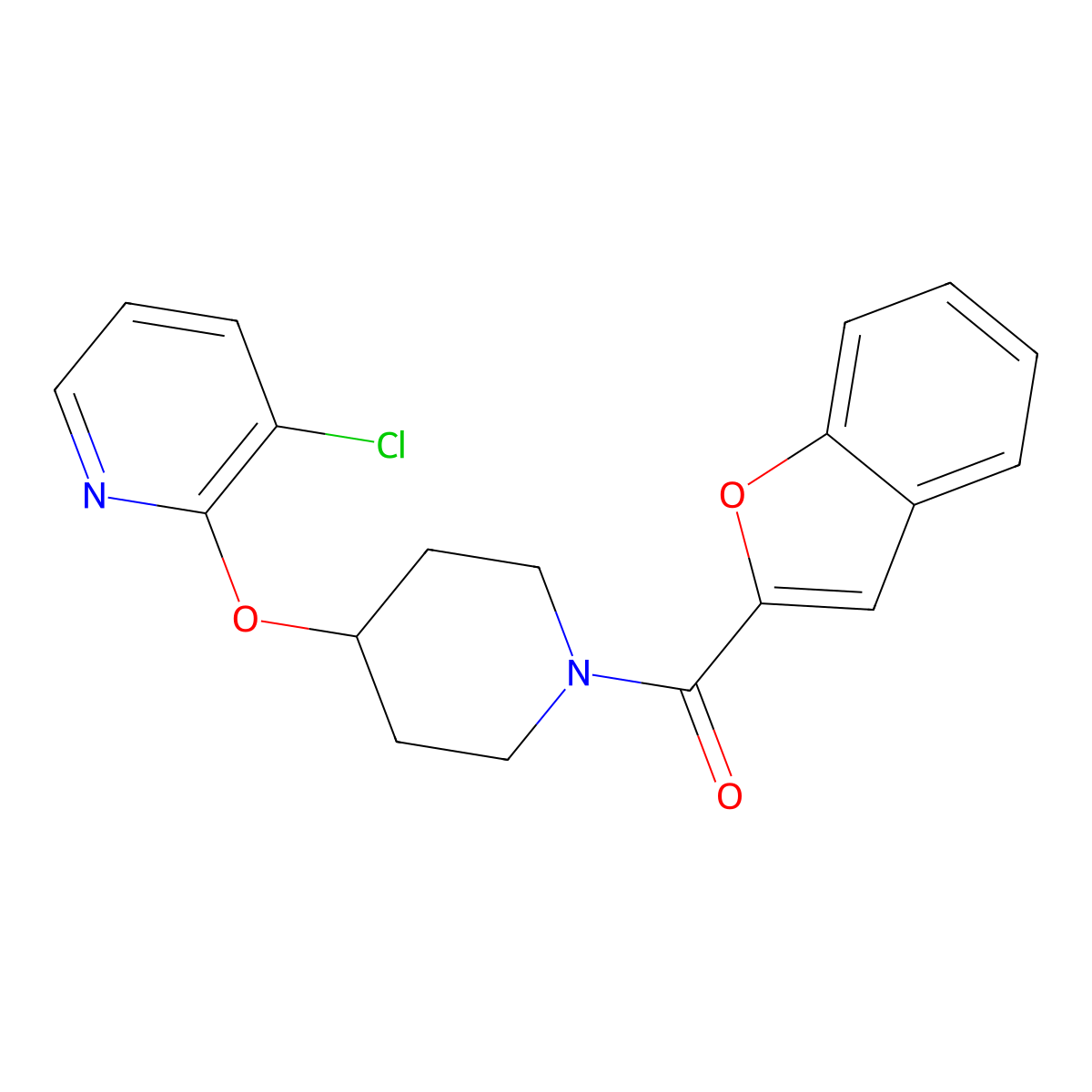 Benzofuran-2-yl(4-((3-chloropyridin-2-yl)oxy)piperidin-1-yl)methanone molecular structure, CAS 1448044-19-6