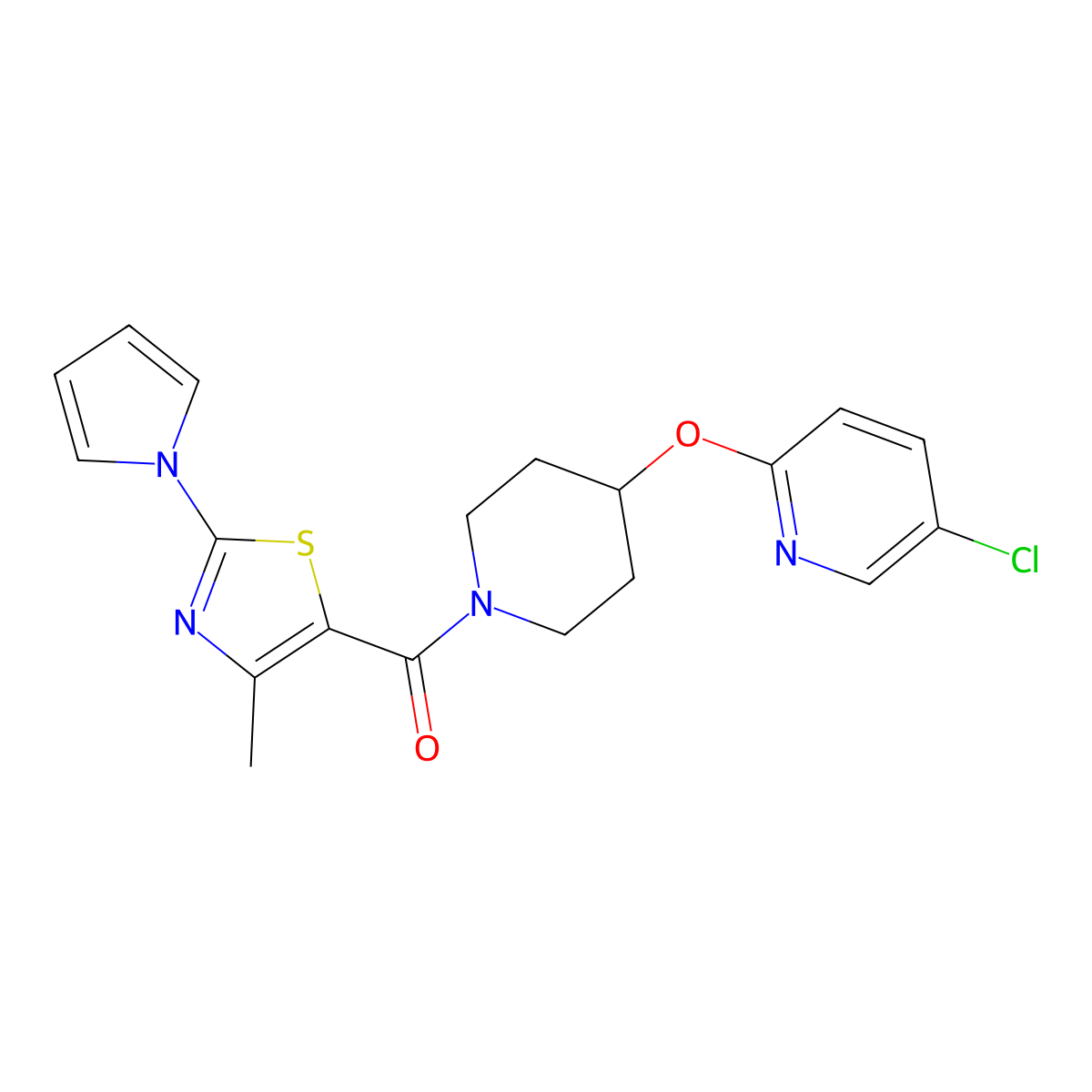 (4-((5-chloropyridin-2-yl)oxy)piperidin-1-yl)(4-methyl-2-(1H-pyrrol-1-yl)thiazol-5-yl)methanone molecular structure, CAS 1448044-22-1
