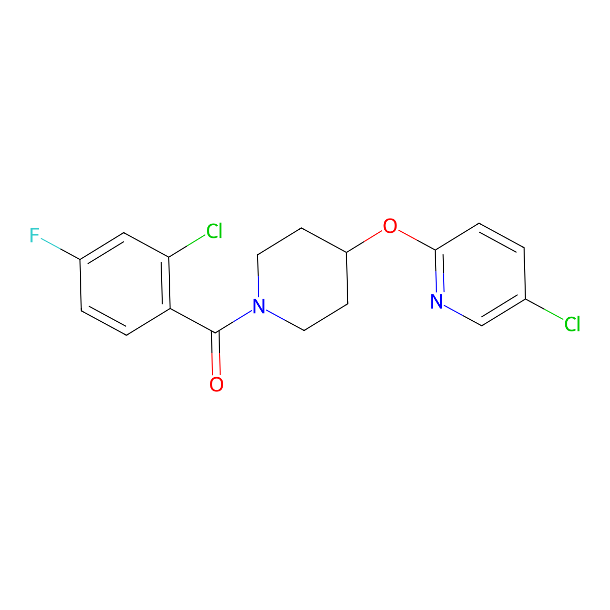 (2-Chloro-4-fluorophenyl)(4-((5-chloropyridin-2-yl)oxy)piperidin-1-yl)methanone molecular structure, CAS 1448044-25-4