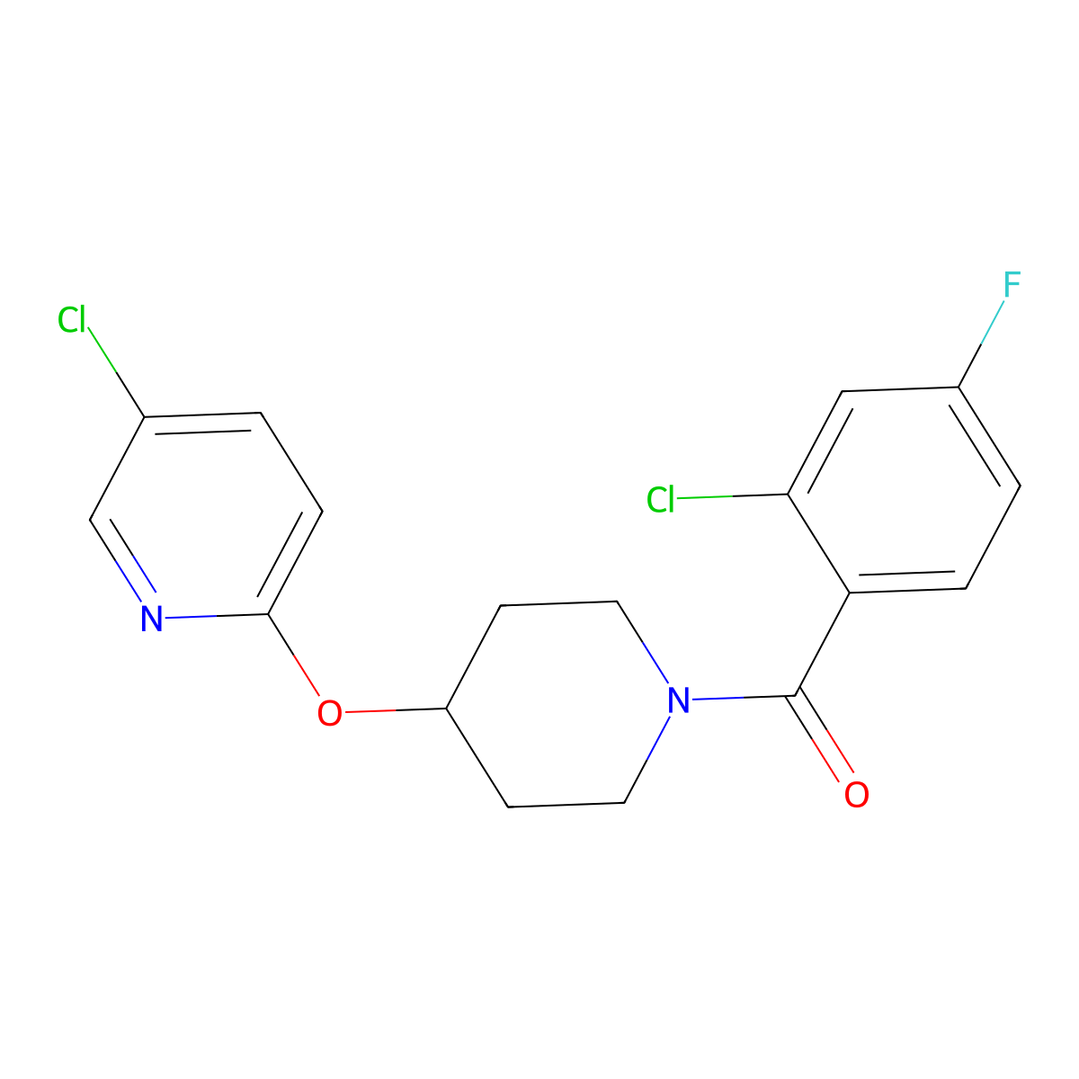 (2-Chloro-4-fluorophenyl)(4-((5-chloropyridin-2-yl)oxy)piperidin-1-yl)methanone molecular structure, CAS 1448044-25-4