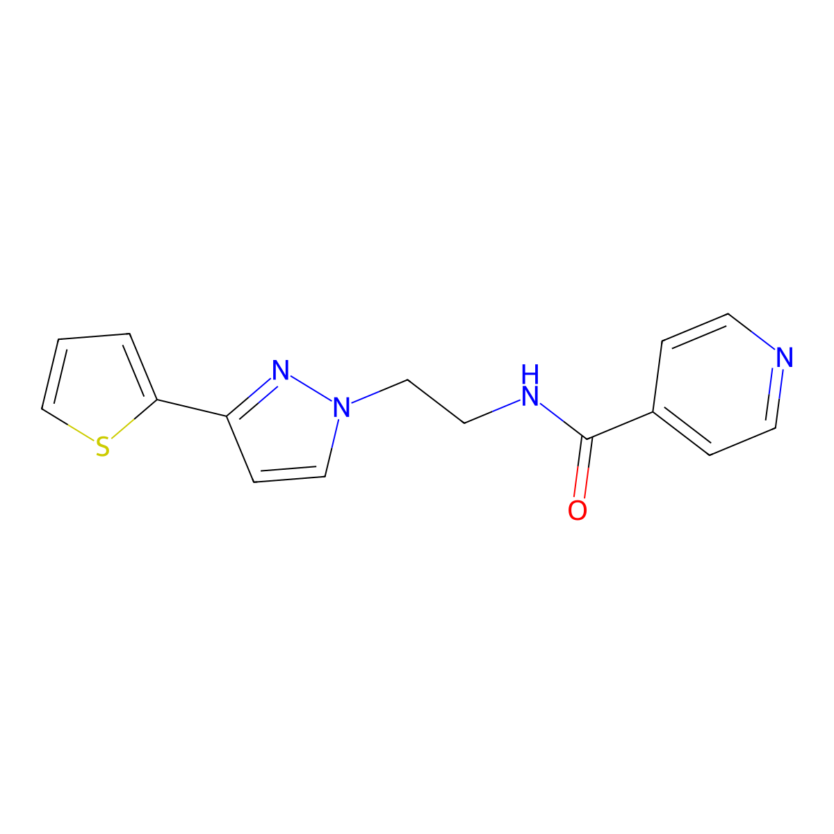 N-(2-(3-(thiophen-2-yl)-1H-pyrazol-1-yl)ethyl)isonicotinamide molecular structure, CAS 1448044-37-8