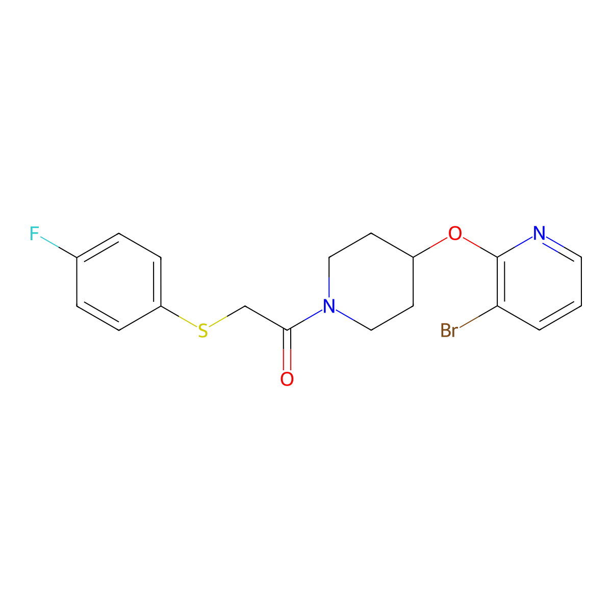1-(4-((3-Bromopyridin-2-yl)oxy)piperidin-1-yl)-2-((4-fluorophenyl)thio)ethanone molecular structure, CAS 1448044-38-9
