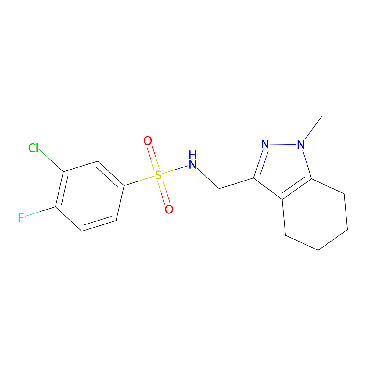 3-chloro-4-fluoro-N-((1-methyl-4,5,6,7-tetrahydro-1H-indazol-3-yl)methyl)benzenesulfonamide molecular structure, CAS 1448044-42-5