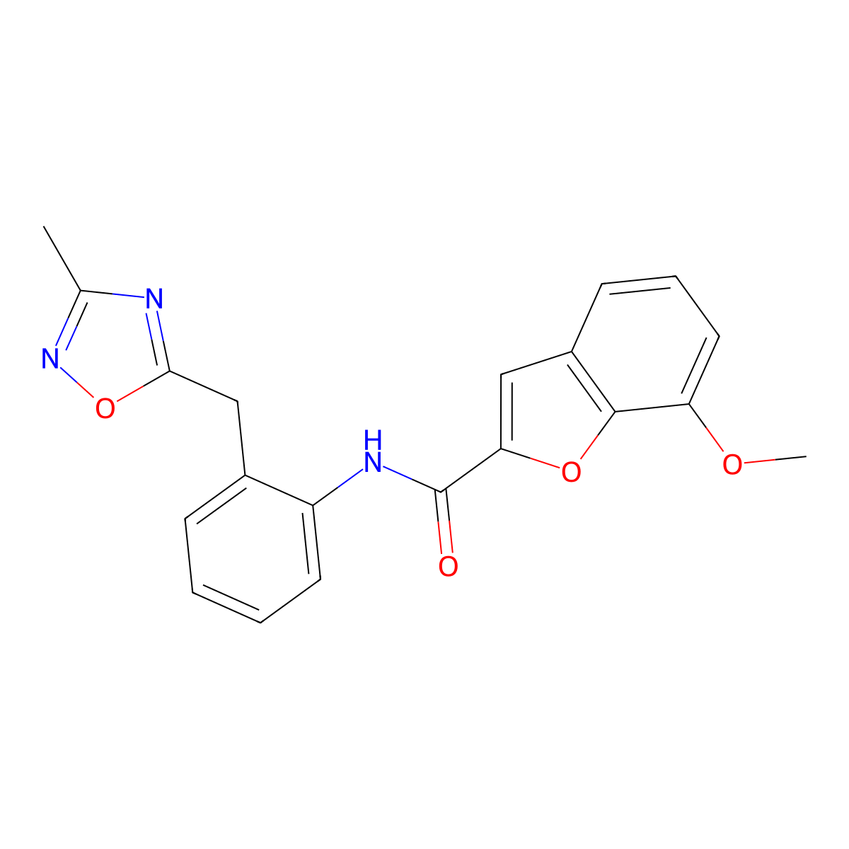 7-methoxy-N-(2-((3-methyl-1,2,4-oxadiazol-5-yl)methyl)phenyl)benzofuran-2-carboxamide molecular structure, CAS 1448044-43-6