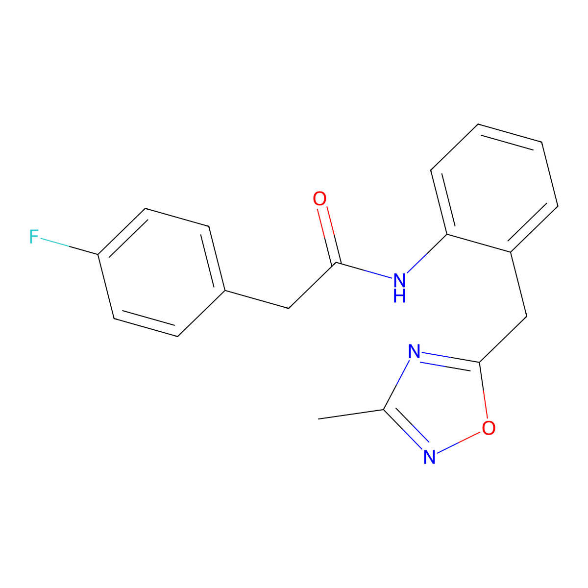2-(4-fluorophenyl)-N-(2-((3-methyl-1,2,4-oxadiazol-5-yl)methyl)phenyl)acetamide molecular structure, CAS 1448044-45-8