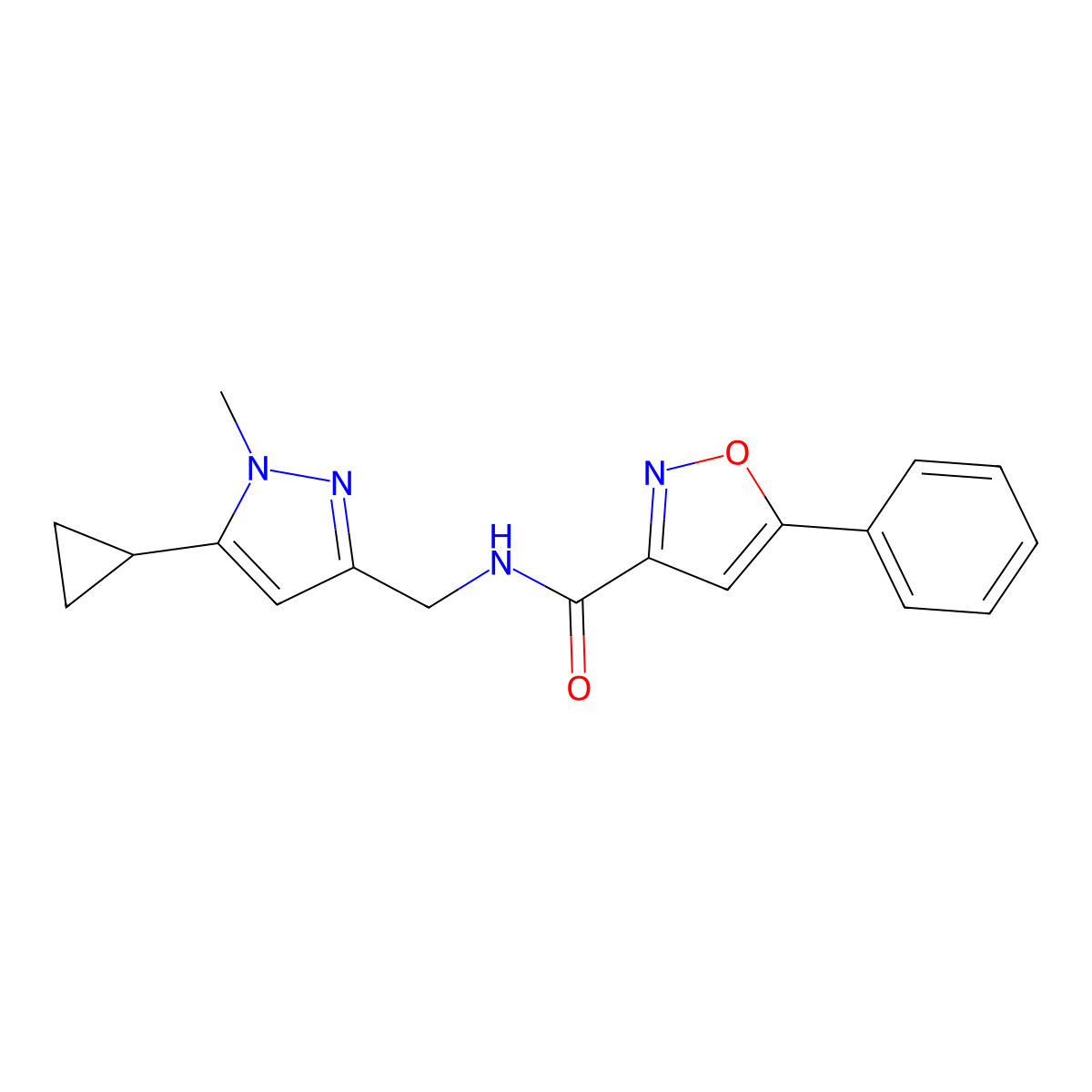 N-((5-cyclopropyl-1-methyl-1H-pyrazol-3-yl)methyl)-5-phenylisoxazole-3-carboxamide molecular structure, CAS 1448044-52-7