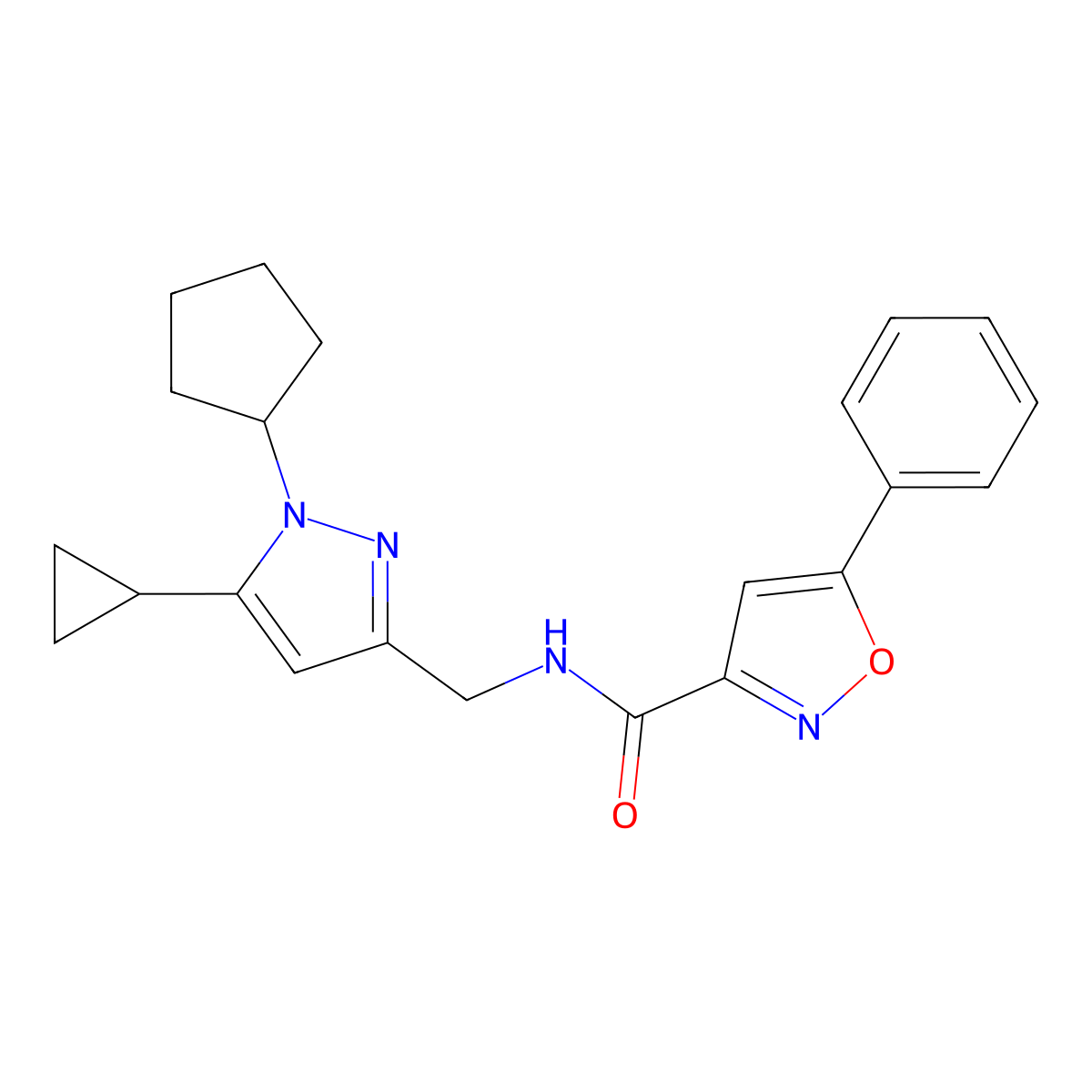 N-((1-cyclopentyl-5-cyclopropyl-1H-pyrazol-3-yl)methyl)-5-phenylisoxazole-3-carboxamide molecular structure, CAS 1448044-57-2