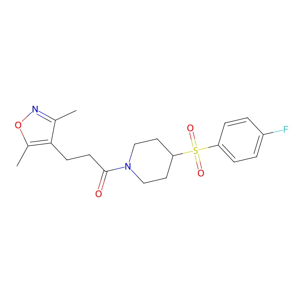 3-(3,5-Dimethylisoxazol-4-yl)-1-(4-((4-fluorophenyl)sulfonyl)piperidin-1-yl)propan-1-one molecular structure, CAS 1448044-61-8