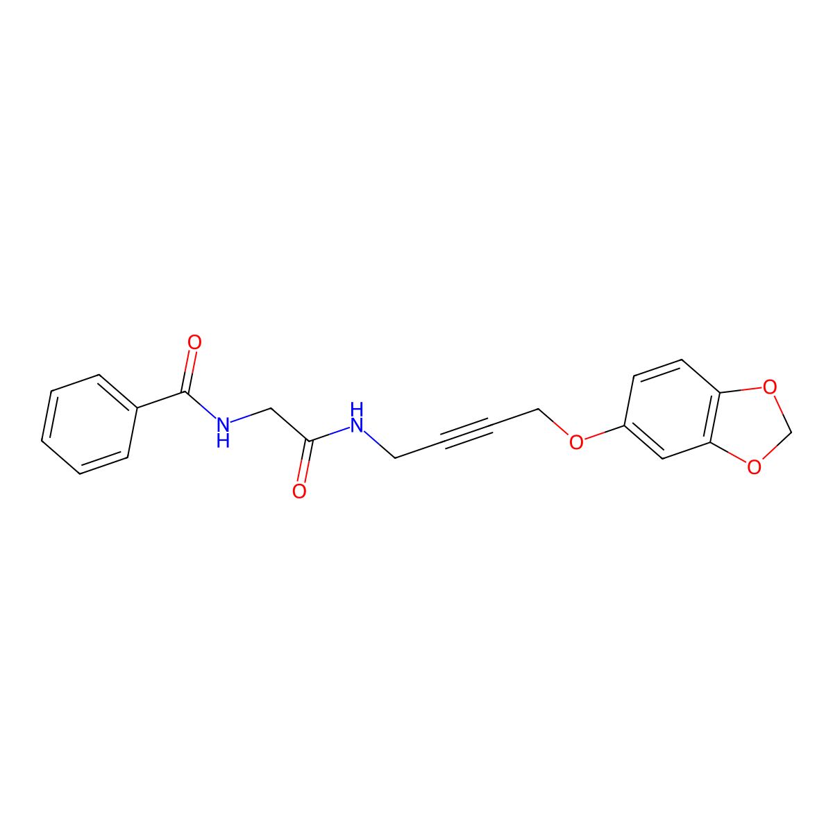 N-(2-((4-(benzo[d][1,3]dioxol-5-yloxy)but-2-yn-1-yl)amino)-2-oxoethyl)benzamide molecular structure, CAS 1448044-70-9