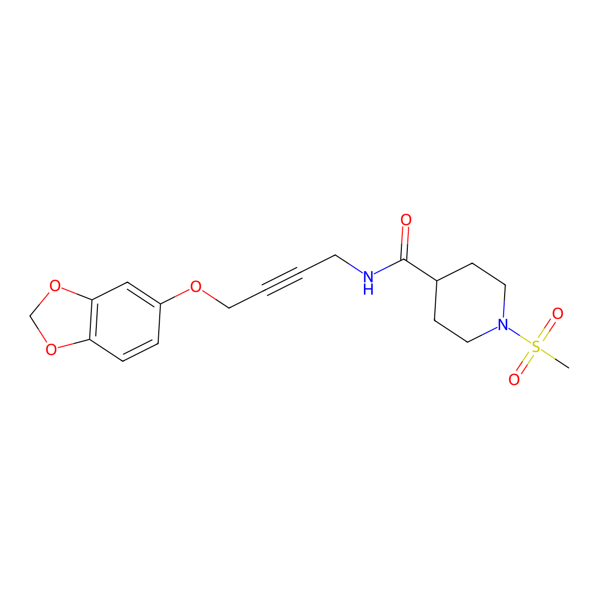 N-(4-(benzo[d][1,3]dioxol-5-yloxy)but-2-yn-1-yl)-1-(methylsulfonyl)piperidine-4-carboxamide molecular structure, CAS 1448044-72-1