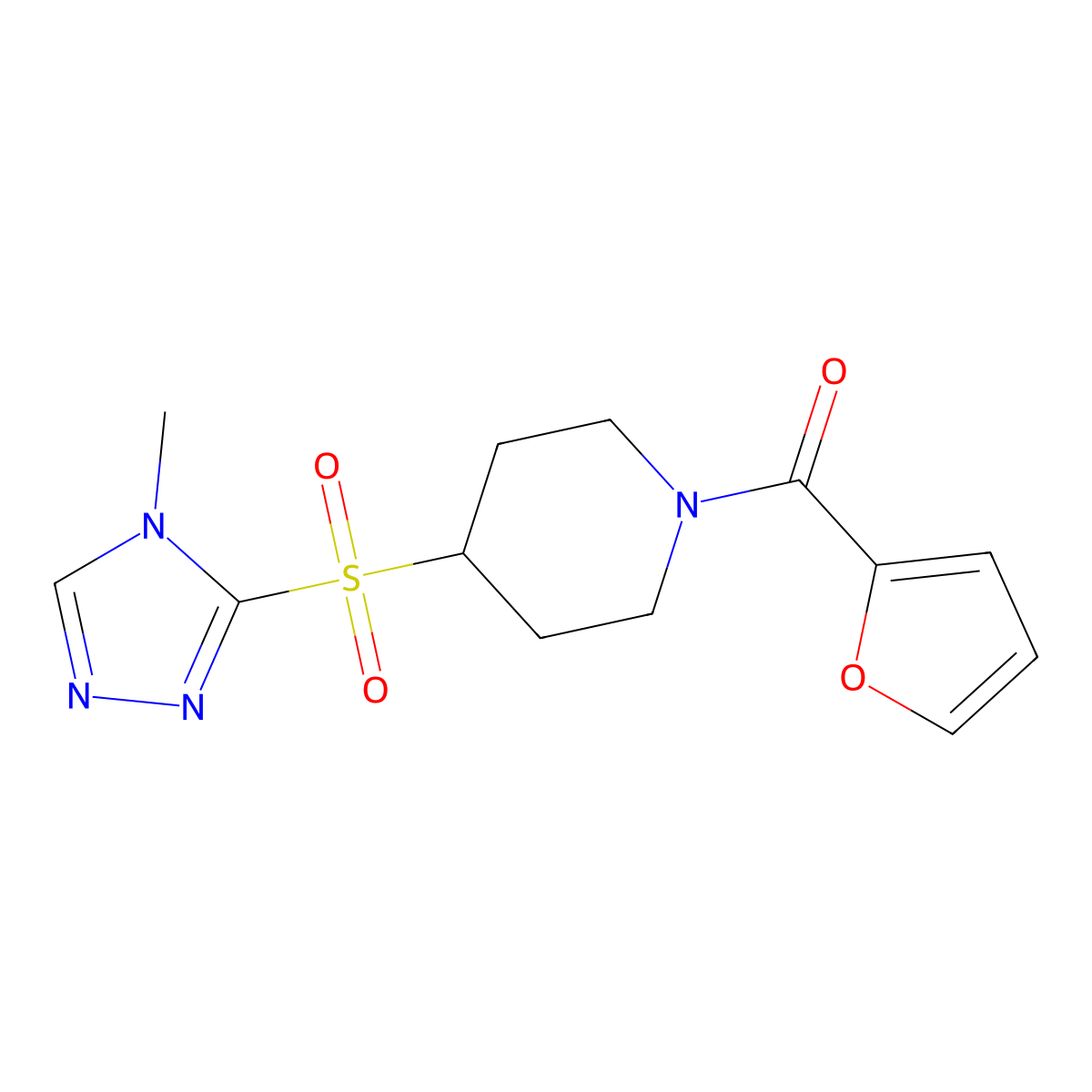 furan-2-yl(4-((4-methyl-4H-1,2,4-triazol-3-yl)sulfonyl)piperidin-1-yl)methanone molecular structure, CAS 1448044-73-2