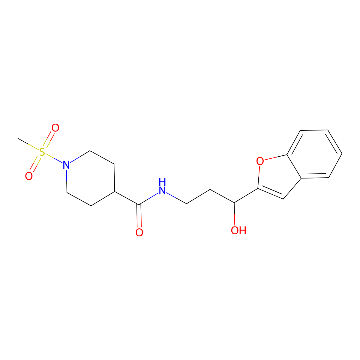 N-(3-(benzofuran-2-yl)-3-hydroxypropyl)-1-(methylsulfonyl)piperidine-4-carboxamide molecular structure, CAS 1448044-99-2