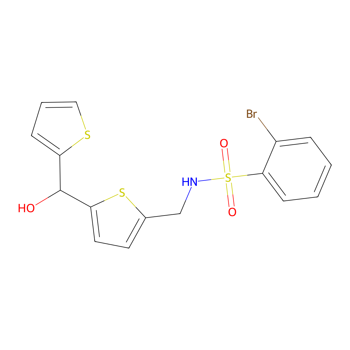 2-bromo-N-((5-(hydroxy(thiophen-2-yl)methyl)thiophen-2-yl)methyl)benzenesulfonamide molecular structure, CAS 1448045-04-2
