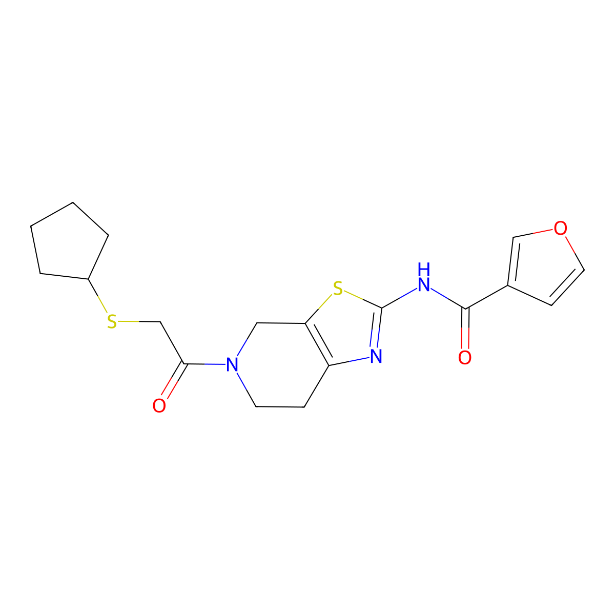 N-(5-(2-(cyclopentylthio)acetyl)-4,5,6,7-tetrahydrothiazolo[5,4-c]pyridin-2-yl)furan-3-carboxamide molecular structure, CAS 1448045-12-2