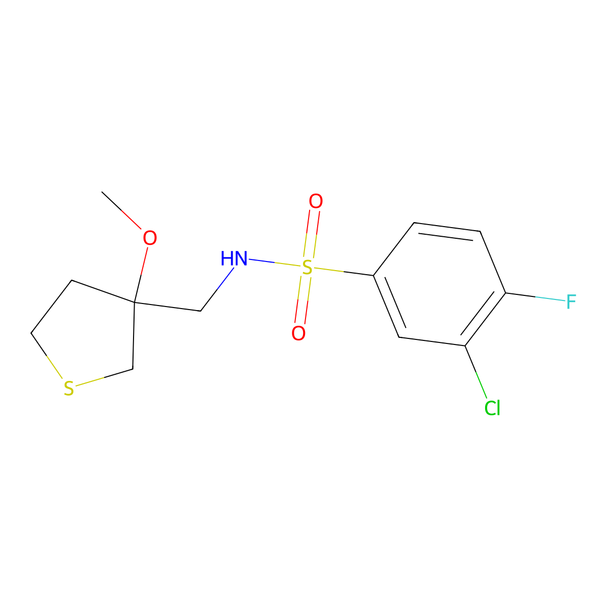 3-chloro-4-fluoro-N-((3-methoxytetrahydrothiophen-3-yl)methyl)benzenesulfonamide molecular structure, CAS 1448045-18-8