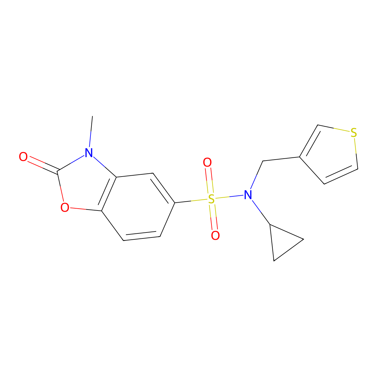 N-cyclopropyl-3-methyl-2-oxo-N-(thiophen-3-ylmethyl)-2,3-dihydrobenzo[d]oxazole-5-sulfonamide molecular structure, CAS 1448045-30-4