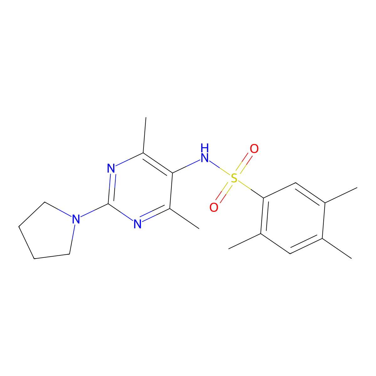 N-(4,6-dimethyl-2-(pyrrolidin-1-yl)pyrimidin-5-yl)-2,4,5-trimethylbenzenesulfonamide molecular structure, CAS 1448045-48-4