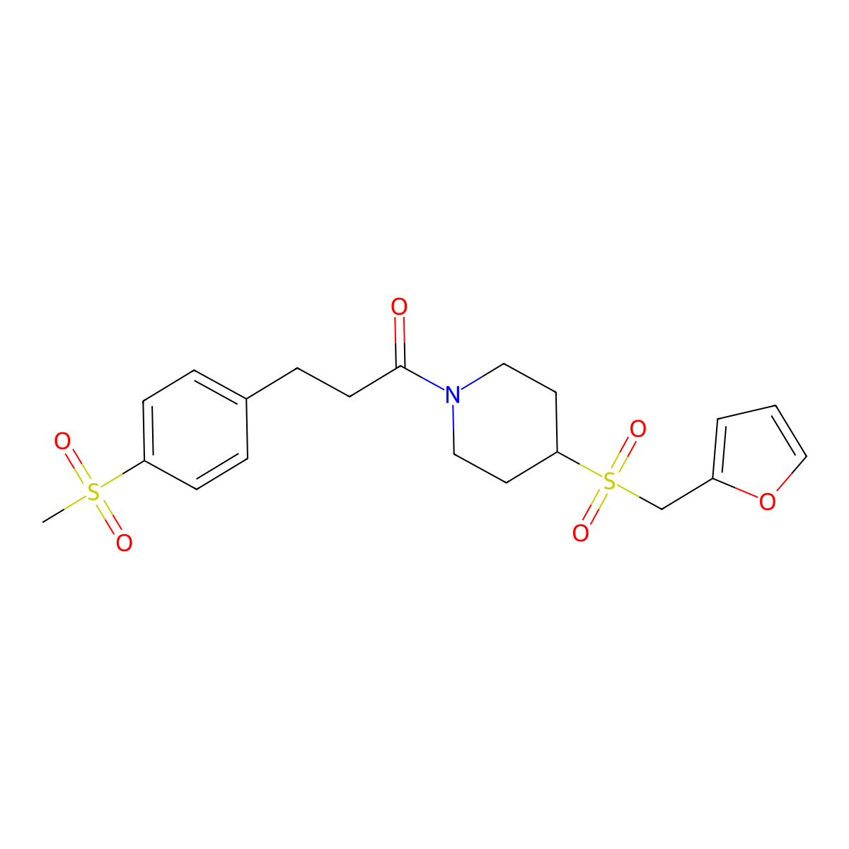 1-(4-((Furan-2-ylmethyl)sulfonyl)piperidin-1-yl)-3-(4-(methylsulfonyl)phenyl)propan-1-one molecular structure, CAS 1448045-51-9
