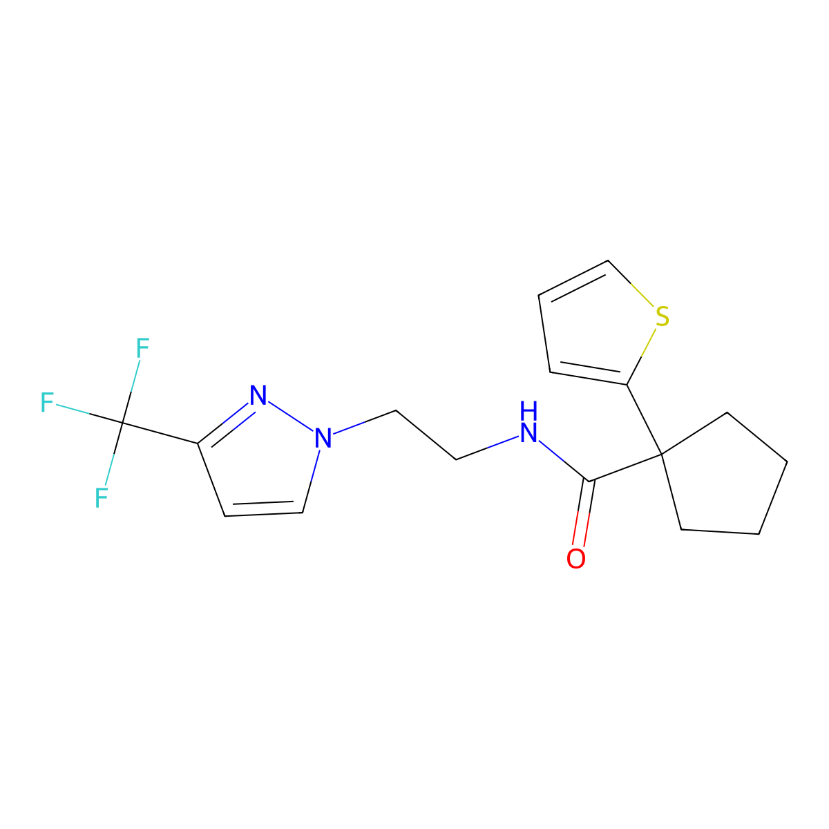 1-(thiophen-2-yl)-N-{2-[3-(trifluoromethyl)-1H-pyrazol-1-yl]ethyl}cyclopentane-1-carboxamide molecular structure, CAS 1448045-71-3