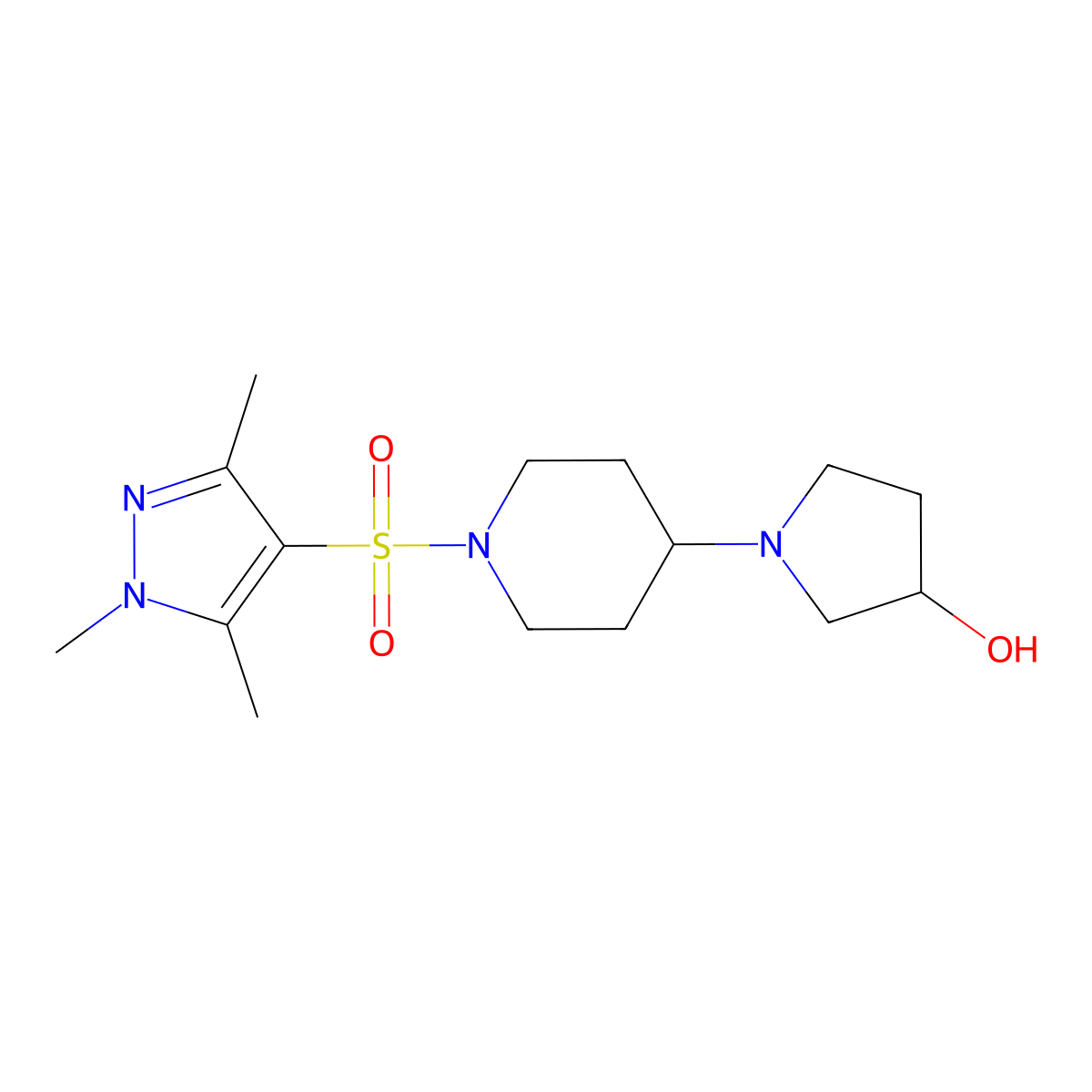 1-{1-[(1,3,5-trimethyl-1H-pyrazol-4-yl)sulfonyl]piperidin-4-yl}pyrrolidin-3-ol molecular structure, CAS 1448045-77-9