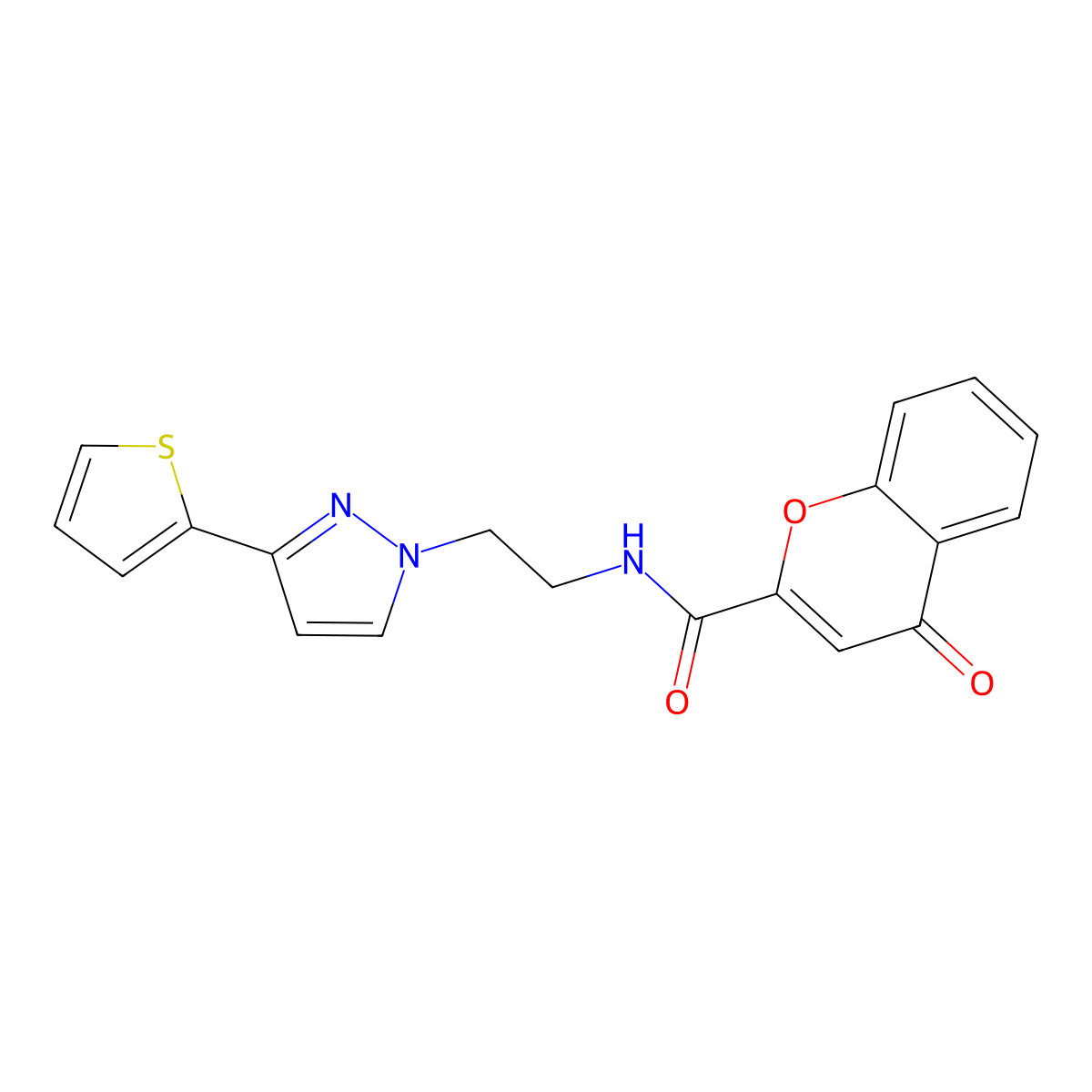 4-oxo-N-{2-[3-(thiophen-2-yl)-1H-pyrazol-1-yl]ethyl}-4H-chromene-2-carboxamide molecular structure, CAS 1448045-82-6