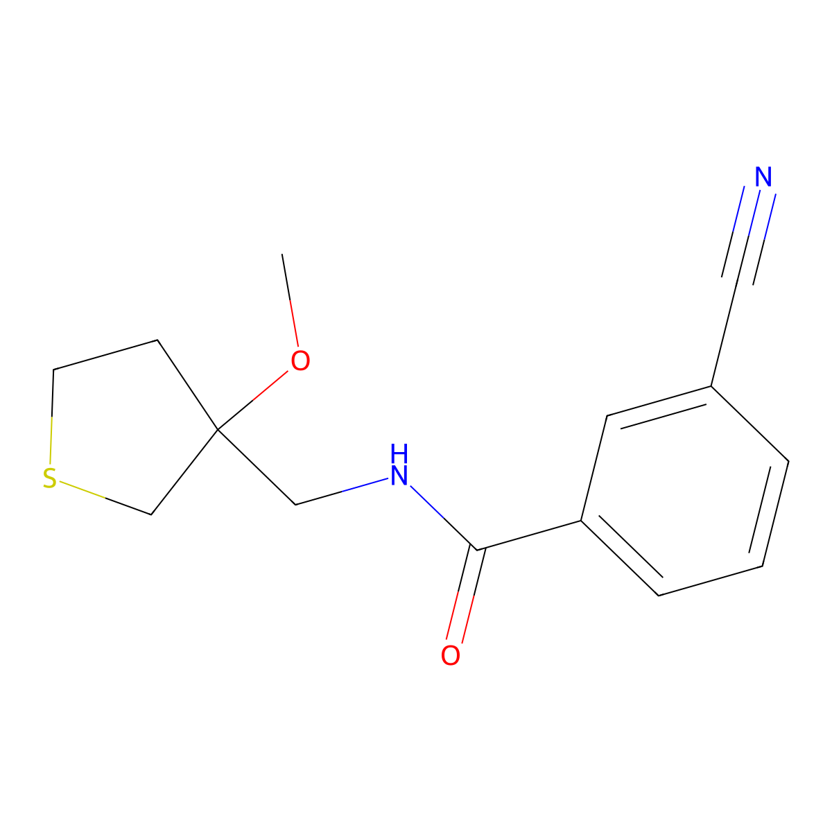 3-cyano-N-((3-methoxytetrahydrothiophen-3-yl)methyl)benzamide molecular structure, CAS 1448045-93-9