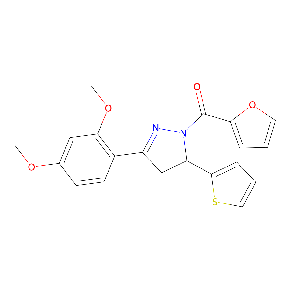 (3-(2,4-dimethoxyphenyl)-5-(thiophen-2-yl)-4,5-dihydro-1H-pyrazol-1-yl)(furan-2-yl)methanone molecular structure, CAS 1448046-05-6