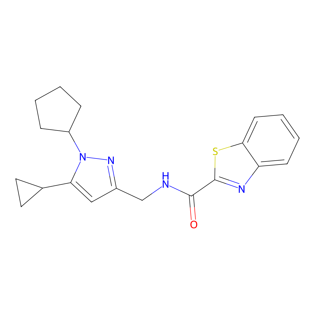 N-((1-cyclopentyl-5-cyclopropyl-1H-pyrazol-3-yl)methyl)benzo[d]thiazole-2-carboxamide molecular structure, CAS 1448046-29-4