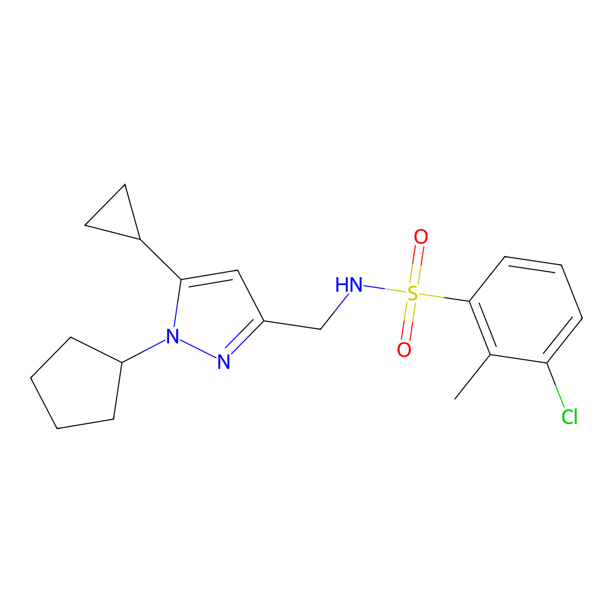 3-chloro-N-((1-cyclopentyl-5-cyclopropyl-1H-pyrazol-3-yl)methyl)-2-methylbenzenesulfonamide molecular structure, CAS 1448046-32-9
