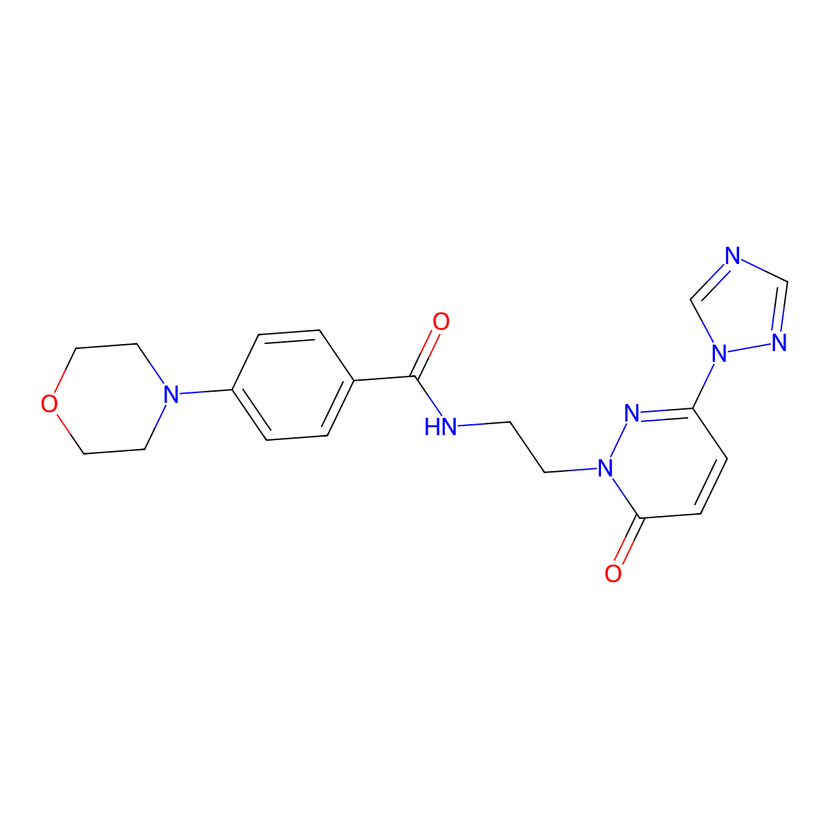 4-morpholino-N-(2-(6-oxo-3-(1H-1,2,4-triazol-1-yl)pyridazin-1(6H)-yl)ethyl)benzamide molecular structure, CAS 1448046-34-1