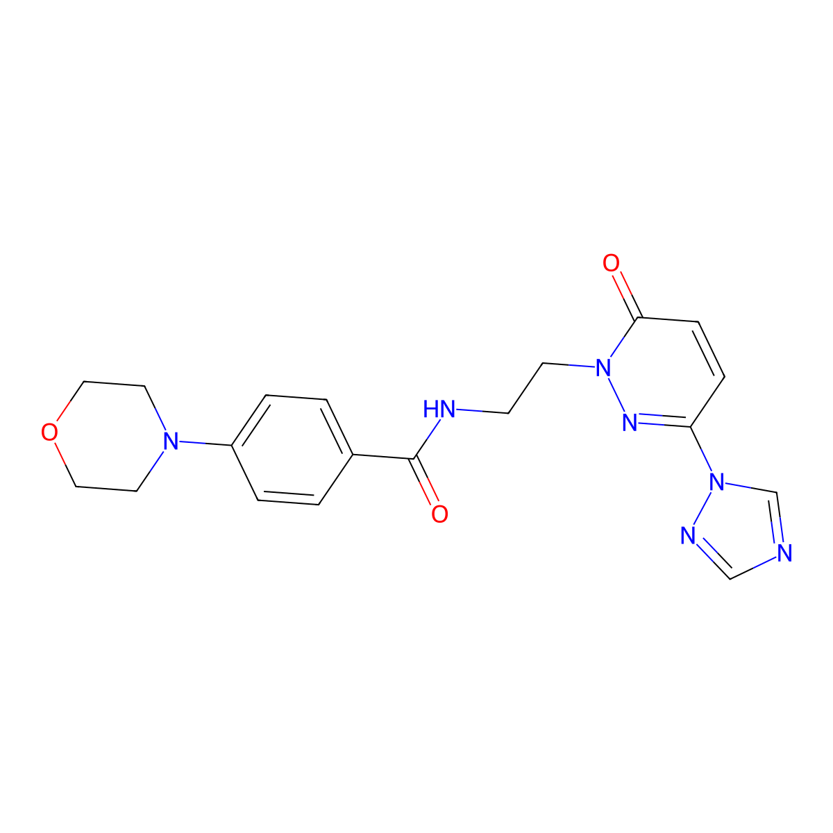 4-morpholino-N-(2-(6-oxo-3-(1H-1,2,4-triazol-1-yl)pyridazin-1(6H)-yl)ethyl)benzamide molecular structure, CAS 1448046-34-1
